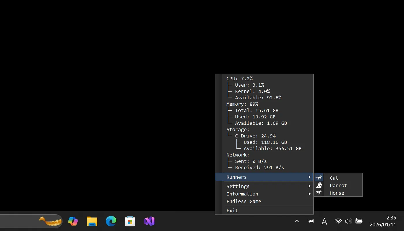 RunCat365：一款在 Windows 任务栏展示猫咪奔跑动画的创意工具